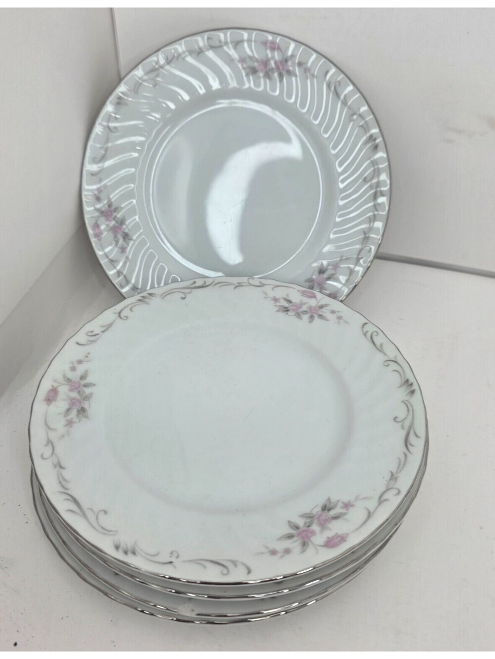 Vtg Gold Standard China Pink Rose Bread Plates 5 Pc Japan Swirl (1)